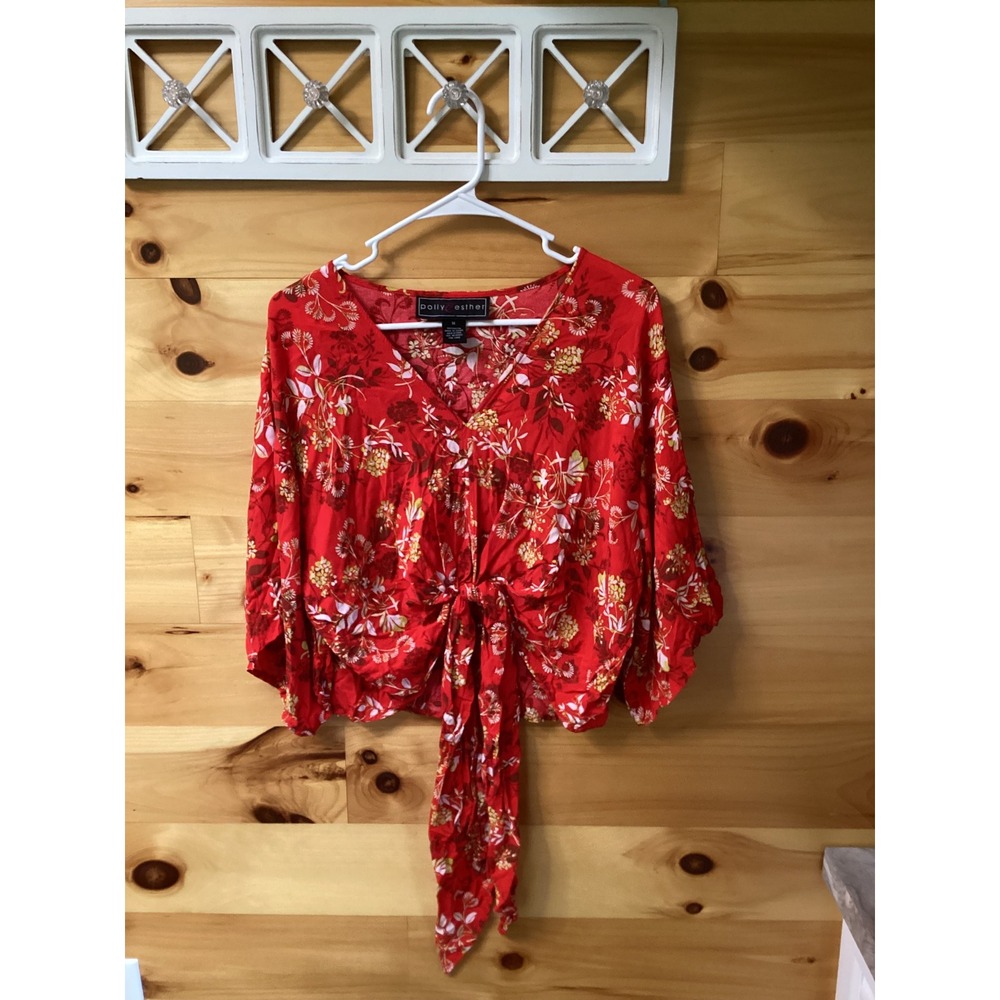 Polly & Esther Red Floral Tie Front Blouse Kimono Sleeve V-Neck Rayon Top Medium